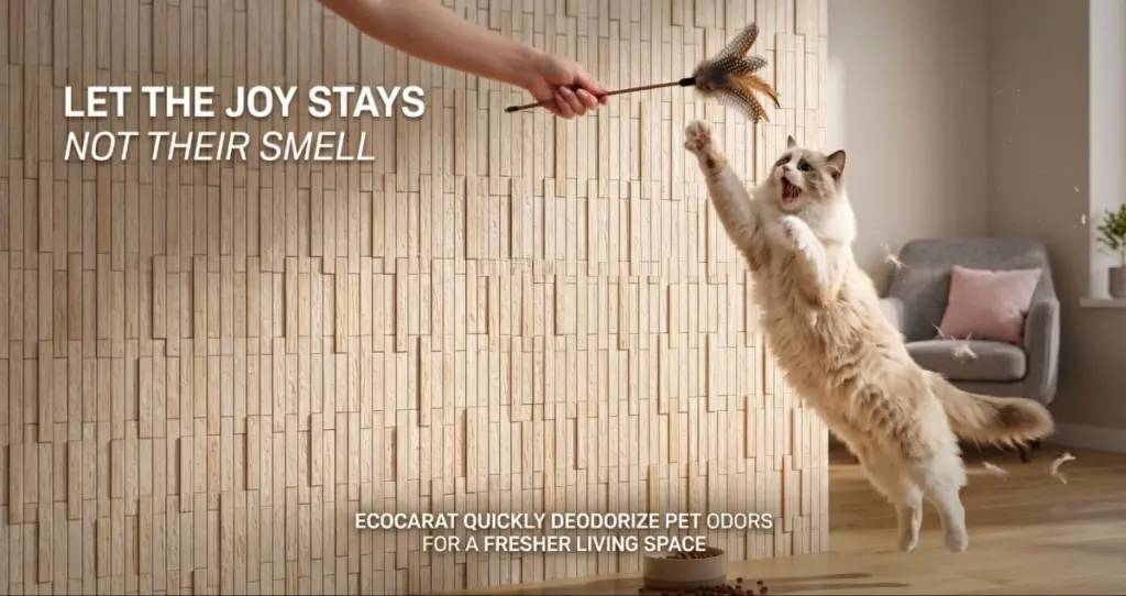 Ilustrasi dari gambar pelapis dinding interior dari INAX Ecocarat yang pet friendly